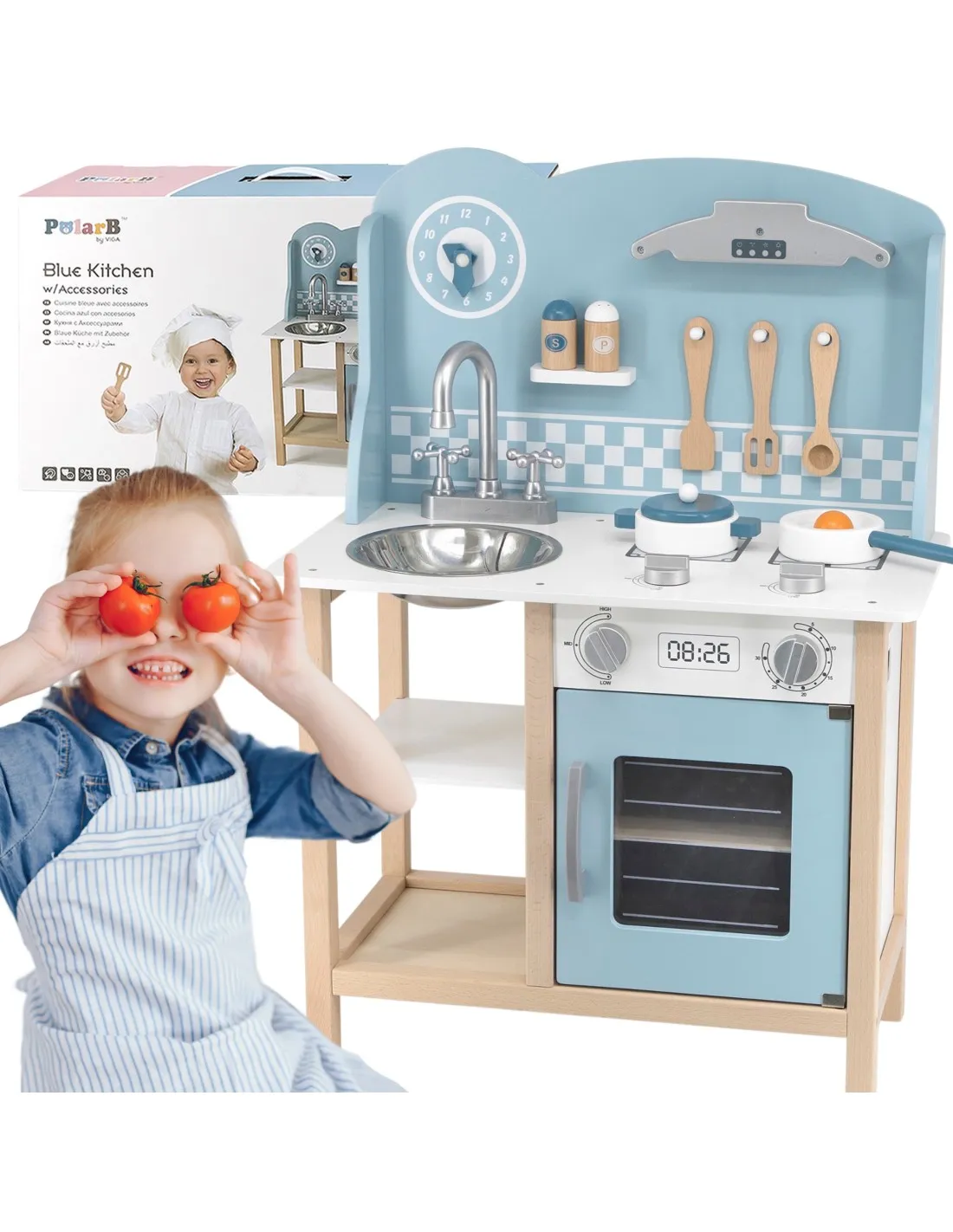 VIGA PolarB Drewniana Kuchnia z Akcesoriami Silver - Blue