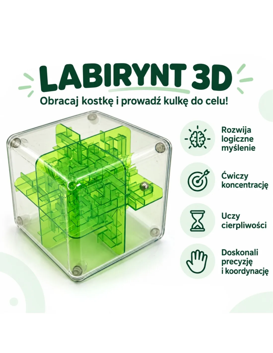 WOOPIE Labirynt 3D Kostka Logiczna z Kulką Łamigłówka Zręcznościowa Zielona