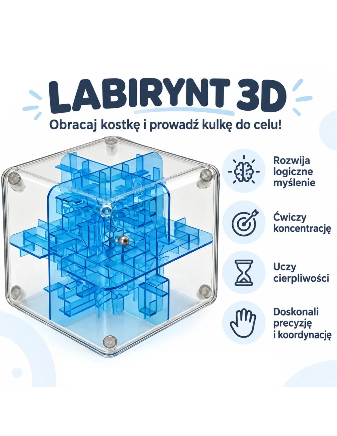 WOOPIE Labirynt 3D Kostka Logiczna z Kulką Łamigłówka Zręcznościowa Niebieska