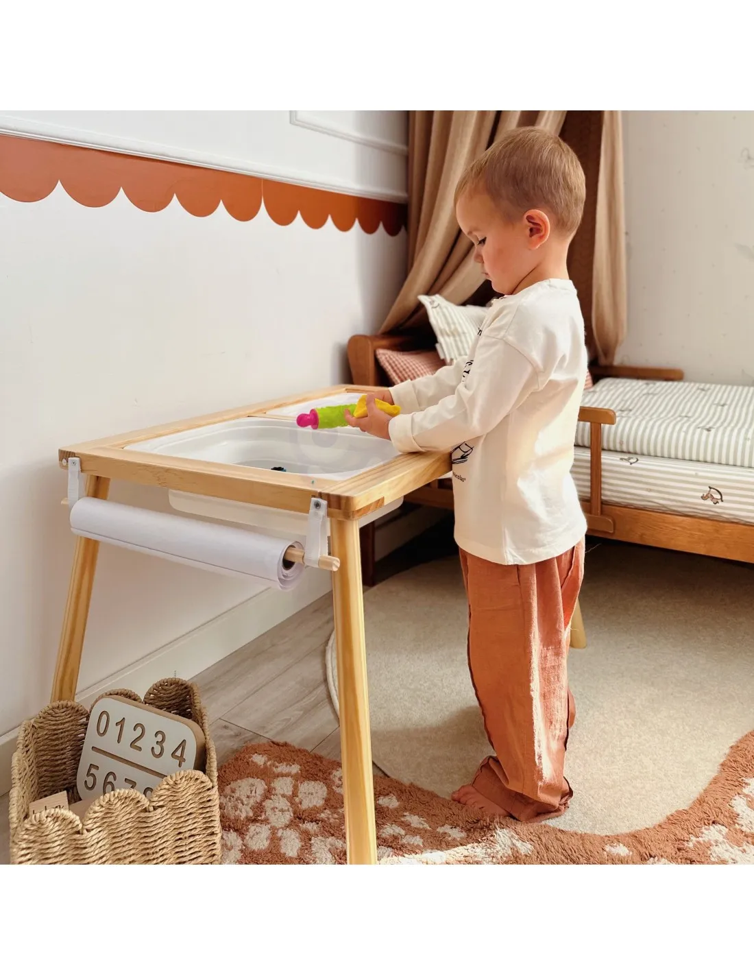 WOOPIE GREEN Drewniany Stolik Aktywności 3w1 Montessori Pojemniki Mapa Miasta Papier Rysunkowy